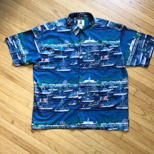 Hawaiian-style, Blue Men's Casual Button Down Shirt with Christmas Theme Design